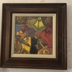 Jae Dougall Still Life Wood‎ Framed Art Print Yellow Lamp Red Chair Guitar Roses